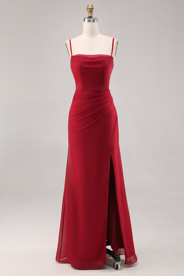 Dark Red Ruched Chiffon Mermaid Long Bridesmaid Dress with Slit